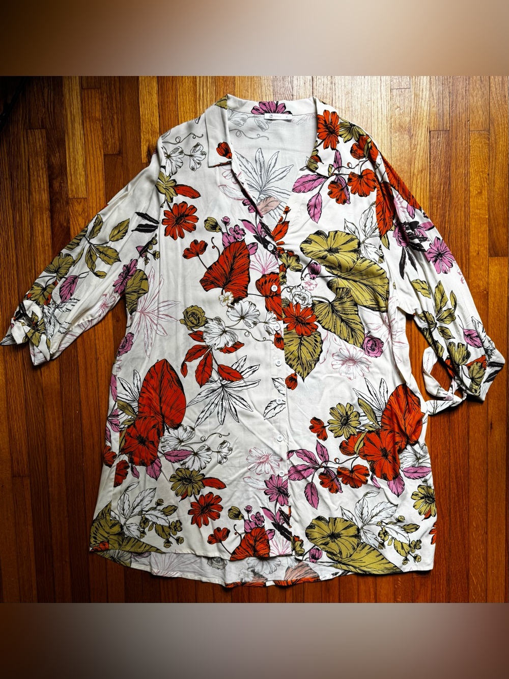 Floral Button-Front Dress in White with Orange, Olive & Pink Flowers